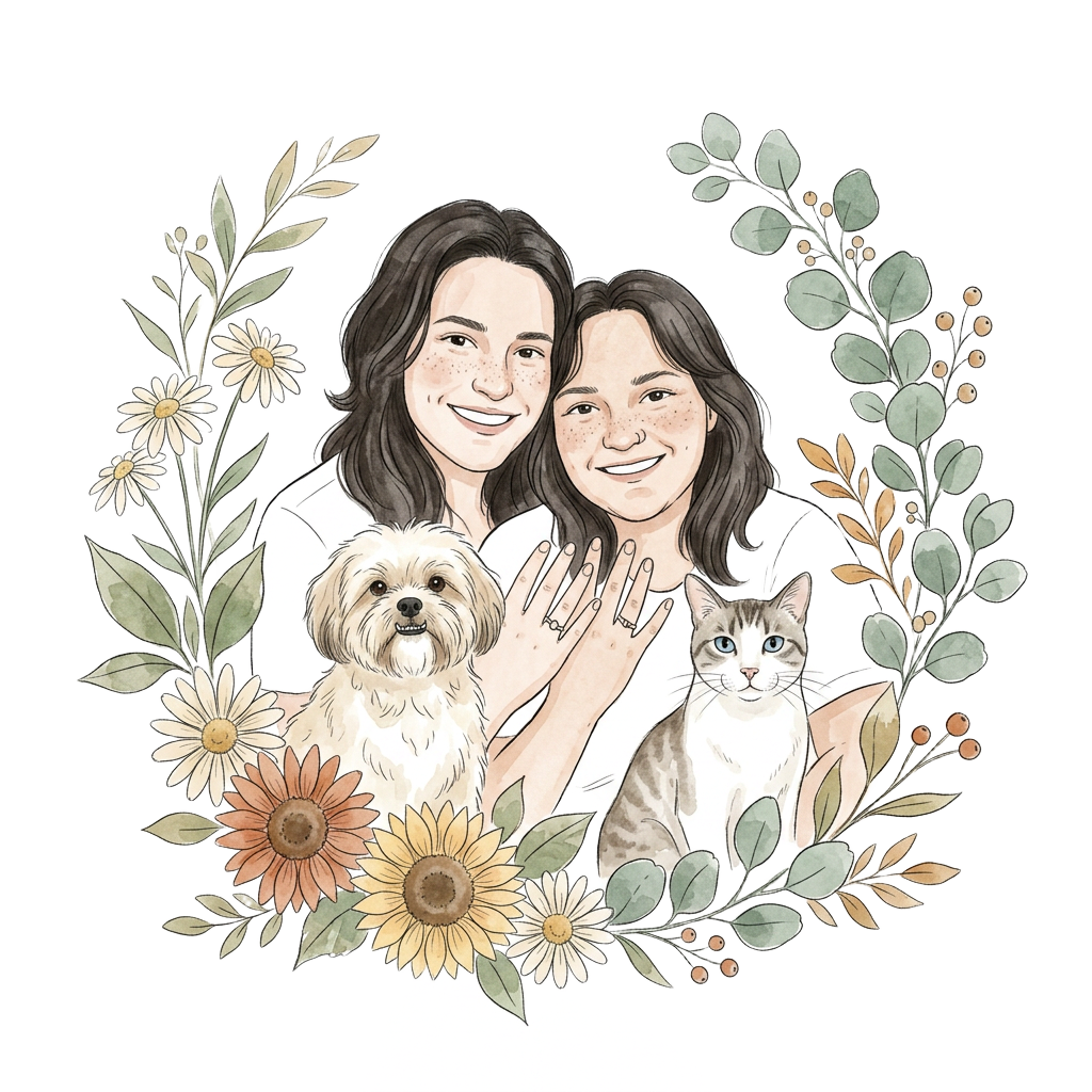 Ilustração de Gabriela e Vivianne com o cachorro Bud e o gato Peteleco